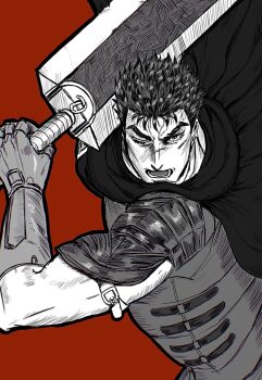 Rule 34 | 1boy, armor, berserk, cape, commentary, english commentary, gloves, greyscale with colored background, guts (berserk), highres, holding, holding sword, holding weapon, male focus, one eye closed, open mouth, pepasenpai toto, red background, scar, scar on face, short hair, shoulder armor, simple background, solo, sword, weapon
