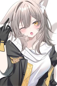 1girl ;o animal_ear_fluff animal_ears black_gloves black_jacket blush cat_ears cat_girl gloves grey_hair highres honkai:_star_rail honkai_(series) jacket kemonomimi_mode long_hair one_eye_closed open_clothes open_jacket shirt solo stelle_(honkai:_star_rail) trailblazer_(honkai:_star_rail) upper_body white_shirt yellow_eyes yuzukiyuno_(yunmu_g)