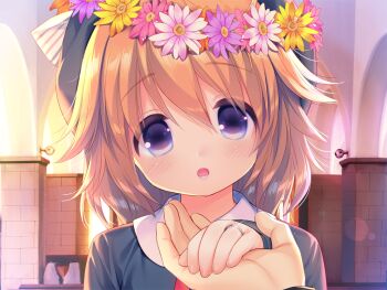 1boy 1girl blonde_hair blue_eyes blush bow bowtie buttons chishima_mako collared_shirt game_cg green_hat green_jacket hair_between_eyes hair_ornament hat head_wreath heart heart_hair_ornament holding_hands jacket jewelry large_variant_set looking_at_viewer medium_hair non-web_source open_mouth piyodera_mucha portrait pov pov_hands red_bow red_bowtie ring shirt solo_focus soushisouai_lolita_no_seikatsu variant_set wedding_ring white_shirt