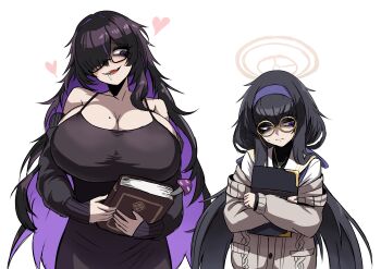 2girls absurdres bags_under_eyes black-framed_eyewear black_eyeliner black_eyeshadow black_hair blue_archive blue_eyes blue_hairband blush book breasts cardigan cleavage commentary_request crossover dress eyeliner eyeshadow glasses goddess_of_victory:_nikke hair_over_one_eye hairband halo highres j.k._(style) jewelry label_(nikke) large_breasts long_hair makeup mole mole_on_breast multicolored_hair multiple_girls nagai_negi necklace purple_eyes purple_hair skirt trait_connection ui_(blue_archive) very_long_hair