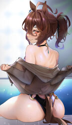 Rule 34 | 1girl, absurdres, agnes tachyon (umamusume), ahoge, animal ears, ass, back, backless swimsuit, brown hair, closed mouth, empty eyes, fingernails, from behind, hair between eyes, halterneck, high ponytail, highres, horse ears, horse girl, horse tail, huge ahoge, jitome no tsugumi, long hair, long sleeves, looking at viewer, looking back, o-ring, one-piece swimsuit, open clothes, open shirt, pool, poolside, red eyes, shirt, sitting, sleeves past wrists, smile, solo, swimsuit, tail, umamusume, unzipped, water, wet, wet face, wet hair, zipper, zipper pull tab