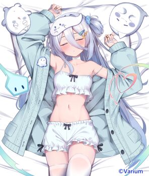 1girl arms_up bandaged_hand bandaged_neck bandages bandaid bandaid_on_finger bandaid_on_hand bare_shoulders bed_sheet bloomers blue_jacket blue_scrunchie blush breasts closed_eyes collarbone commentary_request facing_viewer ghost grey_hair hair_between_eyes hair_ornament hair_scrunchie hairclip jacket long_hair long_sleeves lying navel on_back open_clothes open_jacket parted_lips puffy_long_sleeves puffy_sleeves scrunchie skindentation small_breasts solo strap_slip suzutuki_sui triangular_headpiece underwear varium very_long_hair virtual_youtuber white_bloomers yoshiheihe