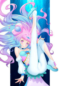 1girl absurdres blue_eyes blue_hair blue_sandals breasts brooch closed_mouth cure_la_mer detached_collar eyelash_ornament floating floating_hair gradient_hair hair_ornament hand_on_own_knee highres jewelry kazuma_muramasa knee_up leg_up long_sleeves looking_at_viewer magical_girl miniskirt multicolored_hair multicolored_skirt nail_polish off-shoulder_shirt off_shoulder pantyhose pearl_hair_ornament pink_eyes pink_hair precure purple_hair sandals shell_brooch shirt skirt sleeveless sleeveless_shirt small_breasts smile solo sphere_hair_ornament toeless_legwear tropical-rouge!_precure underwater white_pantyhose