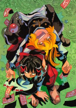 2girls :d absurdres apron bent_over black_eyes black_shoes black_skirt black_vest blonde_hair bow brown_hair commentary_request detached_sleeves green_background hair_bow hair_tubes hakama hakama_pants hakurei_reimu highres inuyama_konan japanese_clothes kirisame_marisa long_sleeves lying lying_on_person medium_hair multiple_girls ofuda on_back open_mouth orb pants patterned_background red_bow red_hakama ribbon-trimmed_sleeves ribbon_trim sandals shirt shoes skirt smile star_(symbol) touhou vest waist_apron white_shirt yellow_eyes yin_yang yin_yang_orb zipper zouri