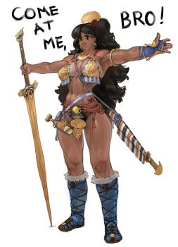 1girl armor bikini_armor black_hair bro-girl dark-skinned_female dark_skin sword wass_nonnam weapon