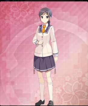 1girl black_shoes blazer blue_skirt buttons floral_background full_body game_cg jacket layered_sleeves long_sleeves looking_at_viewer low_ponytail medium_hair necktie official_art parted_bangs pink_background ponytail purple_eyes renpu_girls_school_uniform ring_hair_ornament school_uniform shirt shoes short_ponytail sidelocks skirt socks solo tamaki_marie tassel third-party_source toji_no_miko toji_no_miko:_kizamishi_issen_no_tomoshibi white_jacket white_shirt white_socks yellow_necktie