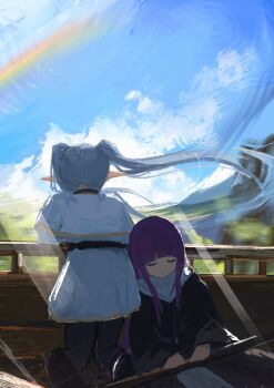 2girls black_coat black_pantyhose blue_sky blunt_bangs capelet closed_mouth coat commentary_request day dot_nose elf fern_(sousou_no_frieren) floating_hair frieren grey_hair highres kneeling koukouya light_rays long_hair mage_staff multiple_girls outdoors pantyhose pointy_ears purple_hair riding sitting skirt sky sleeping sleeping_upright sousou_no_frieren staff sunbeam sunlight twintails white_capelet white_skirt