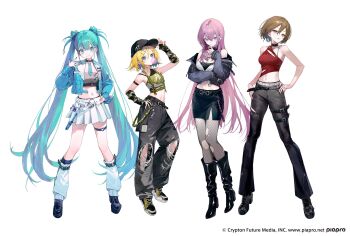 4girls aqua_eyes aqua_hair aqua_necktie arm_warmers black_boots black_choker black_hat black_pants black_pantyhose black_shoes black_skirt blonde_hair blue_jacket blush boots brown_eyes brown_hair bukurote camouflage character_name chewing_gum choker colored_inner_hair commentary_request company_name copyright_name copyright_notice crop_top fingerless_gloves fishnet_pantyhose fishnets full_body gloves grey_eyes grey_hair hair_between_eyes hand_on_own_hip hat hatsune_miku highres jacket kagamine_rin leg_warmers logo long_hair megurine_luka meiko_(vocaloid) miniskirt multicolored_hair multicolored_shoes multiple_girls navel necktie official_art open_clothes open_jacket pants pantyhose pink_hair pleated_skirt red_shirt shirt shoes short_hair simple_background skirt torn_clothes torn_pants torn_pantyhose twintails very_long_hair vocaloid watermark web_address white_background white_leg_warmers white_skirt yellow_shoes