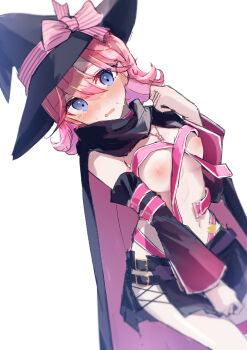 1girl absurdres ayachi_nene ayachi_nene_(cosplay) belt belt_bra black_cape black_hat black_skirt blue_eyes blush bow breasts cape ch2sh cleavage clenched_hand commentary_request constricted_pupils cosplay covering_crotch covering_privates cowboy_shot detached_sleeves dutch_angle embarrassed eyes_visible_through_hair flipped_hair hair_between_eyes hand_up hat hat_bow highres himitsu_no_aipri jewelry long_sleeves looking_at_viewer medium_breasts medium_hair miniskirt nanaura_otome navel necklace nipples nose_blush open_belt open_mouth pink_belt pink_bow pink_cape pink_hair pleated_skirt pretty_series sanoba_witch side_slit simple_background skirt sleeve_belt solo stomach sweatdrop tearing_up tears two-sided_cape two-sided_fabric variant_set wardrobe_malfunction white_background wide_sleeves witch witch_hat