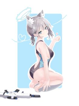 Rule 34 | 1girl, animal ear fluff, animal ears, ass, assault rifle, barefoot, black one-piece swimsuit, blue archive, blue eyes, breasts, commentary request, competition swimsuit, cross, cross hair ornament, extra ears, from behind, grey hair, gun, hair ornament, halo, highres, inverted cross, looking at viewer, looking back, low ponytail, medium breasts, medium hair, mismatched pupils, multicolored swimsuit, official alternate costume, one-piece swimsuit, ponytail, rifle, seiza, shiroko (blue archive), shiroko (swimsuit) (blue archive), sig sauer, sig sauer 556, sitting, solo, swimsuit, weapon, weiyan manman no nio, wolf ears