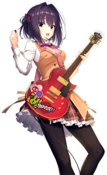 Rule 34 | 1girl, black pantyhose, breasts, brown hair, brown skirt, brown vest, collared shirt, frilled skirt, frills, green eyes, guitar, holding, holding guitar, holding instrument, holding plectrum, instrument, kobuichi, limelight lemonade jam, long sleeves, medium hair, nabari anju, official art, open mouth, pantyhose, plaid clothes, plaid skirt, plectrum, shirt, skirt, smile, solo, transparent background, vest, white shirt, yuzusoft