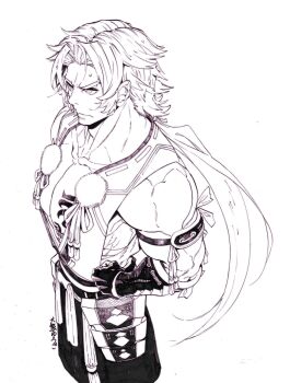 10s 1boy hair_intakes highres ink_(medium) japanese_clothes long_hair long_sideburns low_ponytail male_focus monochrome muscular okuma_yuugo pectorals pom_pom_(clothes) ponytail siddham simple_background solo tattoo tonbokiri_(touken_ranbu) touken_ranbu traditional_media white_background