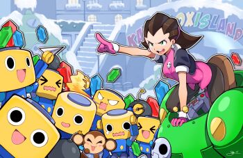 &gt;_&lt; 1girl black_jacket bomb breasts brown_hair cropped_jacket crystal dress earrings explosive fuse gloves green_eyes highres its_just_suppi jacket jewelry mecha medium_breasts medium_hair mega_man_(series) mega_man_legends_(series) pink_dress pink_gloves pointing robot servbot_(mega_man) snow tron_bonne_(mega_man)