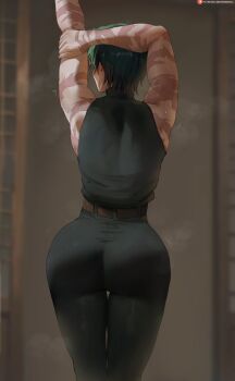 1girl arm_behind_head arm_up ass bare_shoulders black_pants black_shirt blurry blurry_background cowboy_shot from_behind highres jujutsu_kaisen oroborus pants scar scar_on_arm shirt solo stretching zen'in_maki
