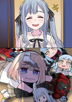 Rule 34 | 2girls, apu spills his tendies (meme), bang dream!, bang dream! it's mygo!!!!!, black ribbon, blue hair, blush, character doll, chibi, commentary request, doll, haneoka school uniform, highres, long hair, meme, misumi uika, multiple girls, neck ribbon, oblivionis (bang dream!), open mouth, purple eyes, ribbon, school uniform, shadow, shirt, sidelocks, togawa sakiko, tsukinomori school uniform, tu zaizi, white shirt