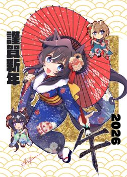 2026 3girls alternate_costume alternate_hairstyle animal_ears aqua_kimono blue_eyes blue_hair blue_kimono blue_nails blush breasts brown_hair calligraphy calligraphy_brush cheval_grand_(umamusume) closed_mouth commentary_request ear_flower fur-trimmed_kimono fur_trim hair_between_eyes hair_bun hair_ornament happy_new_year highres holding holding_calligraphy_brush holding_paintbrush holding_umbrella horse_ears horse_girl horse_tail ink japanese_clothes kimono long_hair looking_at_viewer mole mole_under_eye multicolored_hair multiple_girls new_year obi oil-paper_umbrella omikuji open_mouth paintbrush purple_eyes sandals sash siblings sisters smile socks streaked_hair tail taniko_shanokoya umamusume umbrella v_sisters verxina_(umamusume) vivlos_(umamusume) white_socks