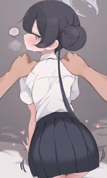 1boy 1girl black_hair black_skirt blue_archive blush grey_eyes hair_bun halo heart hetero highres hone_kawa kisaki_(blue_archive) kisaki_(school_uniform)_(blue_archive) loli long_hair looking_at_viewer looking_back official_alternate_costume shirt skirt solo_focus spoken_heart white_shirt