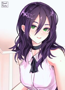 1girl alternate_hair_length alternate_hairstyle black_choker black_ribbon blush breasts chainsaw_man choker closed_mouth collared_shirt commentary dazed_pedler double-parted_bangs earrings english_commentary green_eyes grenade_pin hair_between_eyes highres jewelry long_hair looking_at_viewer neck_ribbon purple_hair reze_(chainsaw_man) ribbon shirt simple_background sleeveless sleeveless_shirt small_breasts smile solo upper_body white_background white_shirt