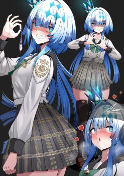 1girl alternate_costume astraea_(atelierastraea) black_background black_sailor_collar black_thighhighs blue_eyes blush bow bowtie brown_shoes buttons cerydra_(honkai:_star_rail) commentary condom crown double-breasted english_commentary green_bow green_bowtie grin hair_intakes heart heart-shaped_pupils heart_hands highres holding holding_condom honkai:_star_rail honkai_(series) loafers long_hair long_sleeves looking_at_viewer mini_crown multiple_views plaid_clothes plaid_skirt pleated_skirt sailor_collar school_uniform shirt shoes signature simple_background skindentation skirt smile symbol-shaped_pupils thighhighs twitter_username used_condom white_hair white_shirt zettai_ryouiki