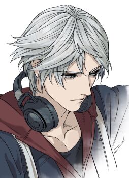 Rule 34 | 1boy, blue jacket, closed mouth, collarbone, commentary request, devil may cry, devil may cry (series), devil may cry 4, eubneung10571, grey eyes, grey hair, headphones, headphones around neck, highres, hood, hood down, hooded jacket, jacket, korean commentary, looking to the side, male focus, nero (devil may cry), parted hair, portrait, short hair, sideways glance, solo