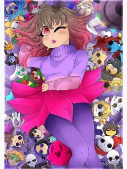 asgore_dreemurr asriel_dreemurr bete_noire brown_hair candy chara_(undertale) flowey_(undertale) food frisk_(undertale) glitchtale jessica_grey lollipop muffet one_eye_closed papyrus_(undertale) pink_eyes pink_hair pink_sweater purple_sweater purple_thighhighs sans_(undertale) short_hair skirt stuffed_toy sweater thighhighs toriel toy undertale undyne utdr_(toby_fox)