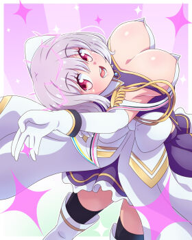 1girl blush boots bow breasts dress gridman_universe highres large_breasts long_sleeves looking_at_viewer off_shoulder purple_hair red_eyes shinjou_akane shiny_skin short_hair skirt solo yosuzu