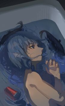 1girl absurdres bathtub blue_eyes blue_hair commentary_request fins head_fins highres kinoko_(kino2435006) looking_to_the_side medium_hair mermaid monster_girl partially_submerged solo topless_female touhou wakasagihime water