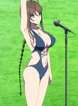 1girl absurdres arm_up armpits braid braided_ponytail breasts brown_hair cleavage highres large_breasts legs long_hair microphone navel nukigee_mitai_na_shima_ni_sunderu_watashi_wa_dou_surya_ii_desu_ka? one-piece_swimsuit serious solo stitched swimsuit tadasugawa_rei thighs third-party_edit very_long_hair