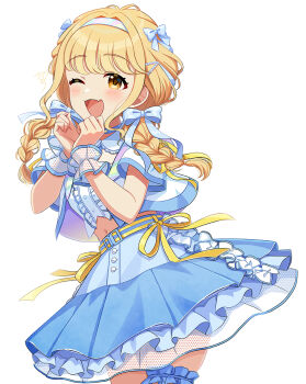 1girl ;d belt blonde_hair blue_bow blue_choker blue_jacket blue_shirt blue_skirt blue_wrist_cuffs blush bow braid center_frills choker commentary_request cowboy_shot fang frilled_shirt_collar frilled_thigh_strap frilled_wrist_cuffs frills fujita_kotone gakuen_idolmaster hair_bow idol_clothes idolmaster jacket long_hair midriff_peek multiple_hair_bows navel one_eye_closed open_clothes open_jacket open_mouth own_hands_together sakura_ran sekaiichi_kawaii_watashi_(idolmaster) shirt short_sleeves signature simple_background skin_fang skirt smile solo standing swept_bangs thigh_strap twin_braids twintails white_background wrist_cuffs yellow_eyes