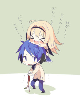 &gt;_&lt; 1boy 1girl ahoge blazer blonde_hair blue_hair blue_pants blue_skirt blush brother_and_sister cane chaos;head chibi chibi_only green_background head_hug holding holding_stick jacket long_hair long_sleeves mamimu_(ma-mi-mu.me) nishijou_nanami nishijou_takumi on_head open_mouth pants school_uniform science_adventure short_hair siblings simple_background skirt small_sweatdrop standing stick translation_request two-tone_background v-shaped_eyebrows yellow_jacket