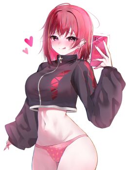 1girl :d absurdres akane_lize black_eyes black_jacket blush breasts closed_mouth cowboy_shot crop_top crop_top_overhang cropped_jacket cross cross_earrings ear_piercing earrings hand_up heart heart-shaped_pupils highres holding holding_phone jacket jewelry large_breasts long_sleeves looking_at_another looking_at_viewer medium_hair mole mole_on_cheek multicolored_hair navel no_pants open_mouth panties phone piercing pink_panties red_hair revealing_clothes seductive_gaze seductive_smile bad_tag simple_background smile solo standing stellive stomach streaked_hair symbol-shaped_pupils tongue tongue_out underwear virtual_youtuber white_background yeomhwauranyum zipper