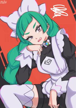 1girl apron black_romper blunt_bangs bow bowtie braid braided_ponytail green_hair head_rest highres juliet_sleeves lebanne_(pokemon) long_braid long_hair long_sleeves maid_apron maid_headdress mochitaro_(mothitaroo) nintendo pink_lips pokemon pokemon_legends:_z-a puffy_sleeves romper solo tsurime white_bow white_bowtie