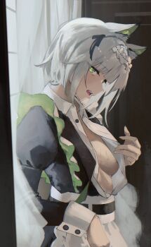 1girl absurdres animal_ear_fluff animal_ears apron arknights belt black_belt black_dress breasts cat_ears cat_girl collar collared_dress dress fingernails frilled_hairband frills green_eyes hairband head_down highres indoors kal&#039;tsit_(arknights) kal&#039;tsit_(the_remains_of_time)_(arknights) large_breasts long_fingernails long_hair long_sleeves looking_at_viewer maid open_clothes open_dress open_mouth puffy_sleeves shikyou_yoru sidelocks solo sweat sweatdrop teeth upper_body upper_teeth_only white_apron white_collar white_hair white_hairband white_wrist_cuffs wrist_cuffs