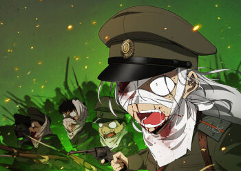 1girl bandages bayonet black_hair blood bolt_action chemical_weapon eyelashes finger_on_trigger gas gas-seal_revolver gun handgun hat holding holding_gun holding_revolver holding_rifle holding_sword holding_weapon imperial_russian_army military military_hat military_uniform mosin-nagant mrxinom multiple_boys nagant_m1895 one_eye_covered open_mouth original people revolver rifle russian russian_empire russian_ground_forces sword teeth weapon weapon_of_mass_destruction white_hair world_war_i yellow_eyes