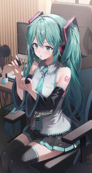 1girl absurdres applying_manicure aqua_eyes aqua_hair aqua_nails aqua_necktie aqua_trim bare_shoulders black_skirt black_sleeves black_thighhighs blush breasts chair collared_shirt cosmetics crossed_bangs detached_sleeves emduck frilled_shirt frills gaming_chair grey_shirt hair_between_eyes hair_ornament hands_up hashtag-only_commentary hatsune_miku headphones highres holding indoors long_hair long_sleeves looking_at_hand microphone miniskirt monitor nail_polish nail_polish_bottle nail_polish_brush necktie number_tattoo on_chair piano_print pleated_skirt pop_filter shirt shoulder_tattoo sidelocks sitting skirt sleeveless sleeveless_shirt solo sweatdrop swivel_chair tattoo thighhighs tie_clip twintails untucked_shirt very_long_hair vocaloid wide_sleeves zettai_ryouiki