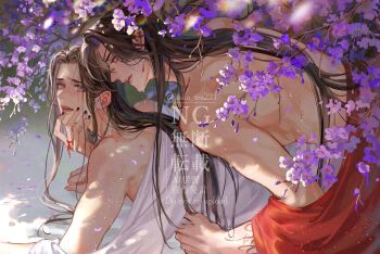 2boys anal artist_name baku_ten221 bishounen black_hair black_nails blurry blurry_foreground blush branch brown_eyes brown_hair chinese_clothes clothes_down crying crying_with_eyes_open earrings eyelashes eyepatch falling_petals flower hand_on_another&#039;s_chin hand_on_another&#039;s_face hanfu highres hua_cheng implied_sex jewelry long_hair looking_at_another lying male_focus multiple_boys muscular muscular_male nail_polish on_stomach open_clothes open_mouth open_robe pectorals petals pointy_ears profile purple_flower red_hanfu robe sex sex_from_behind smile string string_around_finger string_of_fate sweat tears tianguan_cifu topless_male tree twitter_username upper_body watermark watermark_grid white_hanfu wisteria xie_lian yaoi