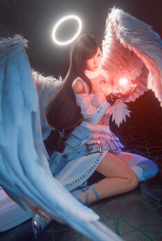 1girl 3d angel angel_wings asymmetrical_legwear bare_shoulders belt belt_buckle black_hair breasts buckle chest_guard chest_harness cleavage commentary crop_top english_commentary feathered_wings feathers final_fantasy final_fantasy_vii final_fantasy_vii:_ever_crisis final_fantasy_vii_remake fingerless_gloves full_body gloves halo harness highres large_breasts light_particles long_hair low-tied_long_hair midriff multiple_belts navel off-shoulder_shirt off_shoulder official_alternate_costume patreon_username pink_lips red_eyes shirt sitting skirt solo sreliata swept_bangs tifa_lockhart tifa_lockhart_(feather_style) white_feathers white_shirt white_skirt white_wings wings yokozuwari