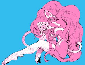 Rule 34 | 1girl, ahn dongshik, animal ears, animal hands, big hair, blue background, body fur, breasts, calves, cat ears, cat girl, cat paws, cat tail, claws, crossed arms, darkstalkers, felicia (darkstalkers), full body, hand on own arm, head down, head on knee, head tilt, highres, knee up, large breasts, limited palette, linea alba, long hair, looking at viewer, looking to the side, one eye covered, outstretched leg, pink theme, ribs, simple background, sitting, solo, tail, tail wrap, white fur