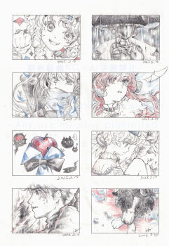 Rule 34 | 2boys, 4girls, absurdres, apple, apple (reverse:1999), avgust (reverse:1999), bkornblume, black bow, black bowtie, blue eyes, blue scarf, border collie, bow, bowtie, bubble, burn scar, carbuncle (reverse:1999), clenched hand, colored pencil (medium), commentary request, creature, dated, dog, emu (bleudoux r), flower, flying paper, food, fruit, graphite (medium), grin, headphones, highres, holding, holding umbrella, j (reverse:1999), joints, long hair, looking at viewer, low twintails, lucy (reverse:1999), metal hair, metal skin, multiple boys, multiple girls, paper, partially colored, pickles (reverse:1999), portrait, profile, rain, red hair, reverse:1999, robot girl, robot joints, scar, scar on face, scarf, short hair, smile, spathodea (reverse:1999), sunflower, sweater, traditional bowtie, traditional media, twintails, umbrella, watermark, yenisei (reverse:1999)