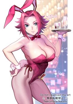 1girl animal_ears bare_shoulders blue_eyes blush bow bowtie breasts cleavage code_geass covered_navel cup detached_collar drinking_glass fake_animal_ears fake_tail fishnet_pantyhose fishnets kouzuki_kallen large_breasts leotard looking_at_viewer nekomata_naomi pantyhose parted_bangs pink_leotard playboy_bunny rabbit_ears rabbit_tail red_hair short_hair solo tail thighs translation_request tray wrist_cuffs
