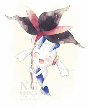 :d blush closed_eyes commentary_request floette floette_(eternal) flower full_body gen_6_pokemon happy hatori_a highres holding holding_flower nintendo no_humans open_mouth pokemon pokemon_(creature) pokemon_focus smile solo tongue twitter_username watermark