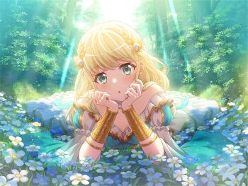 Rule 34 | 1girl, aqua eyes, blonde hair, bracelet, bracer, dress, flower, flower request, frilled dress, frills, game cg, head rest, headpiece, jewelry, light rays, long hair, long sleeves, looking at viewer, lying, official art, on stomach, parted lips, puffy long sleeves, puffy sleeves, shoujo kageki revue starlight, shoujo kageki revue starlight -re live-, solo, tree, upper body, white dress, yumeoji shiori