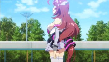 1girl ahoge animal_ears anime_screenshot bare_shoulders blue_eyes breasts brown_hair brown_tail detached_sleeves dress female_focus from_side grey_skirt grey_sleeves hair_ornament highres horse_ears horse_girl horse_tail kneehighs large_breasts legs long_hair microskirt mihono_bourbon_(code:glassage)_(umamusume) mihono_bourbon_(umamusume) necktie no_bra open_mouth outdoors pink_necktie pleated_skirt sideboob skirt socks solo solo_focus tail thick_thighs thighhighs thighs tight_clothes tight_dress umamusume white_thighhighs zettai_ryouiki