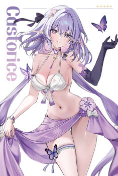 1girl alternate_costume bare_arms bare_legs bare_shoulders bow bra bug butterfly castorice_(honkai:_star_rail) collar commentary_request english_text five_star flower hair_ornament hand_up hasom highres honkai:_star_rail honkai_(series) insect long_hair looking_at_viewer low_twintails navel pointy_ears purple_butterfly purple_collar purple_eyes purple_flower purple_hair purple_nails simple_background sleeveless smile standing twintails underwear white_background white_bow white_bra