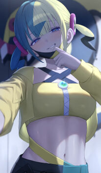 1girl absurdres aqua_hair black_hair black_mask black_pants blonde_hair canari_(pokemon) commentary_request cropped_jacket dark-skinned_female dark_skin hibimaru highres jacket long_hair long_sleeves looking_at_viewer mask mask_pull midriff mouth_mask multicolored_hair navel nintendo open_clothes open_jacket outstretched_arm pants pokemon pokemon_legends:_z-a purple_eyes smile smug solo sports_bra spread_legs stomach twintails two-tone_mask yellow_jacket yellow_mask yellow_sports_bra