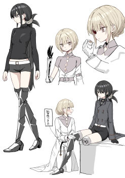 Rule 34 | 2girls, :d, absurdres, amputee, artificial eye, belt, belt buckle, black eyes, black hair, black shirt, black shorts, braid, breasts, brown eyes, brown hair, buckle, closed mouth, collared shirt, commentary request, gloves, grey shirt, highres, jacket, kneeling, long hair, long sleeves, multiple girls, open mouth, original, piripun, prosthesis, prosthetic arm, prosthetic leg, shirt, shoes, shorts, simple background, small breasts, smile, thighhighs, translation request, very long hair, walking, white background, white belt, white gloves, white jacket, white shoes, white thighhighs