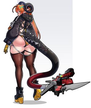 1girl absurdres alternate_breast_size_(larger) ass bikini black_horns black_shrug border breasts brown_thighhighs cameltoe closed_mouth commentary curled_horns curvy english_commentary from_behind full_body gloves green_eyes grey_background gun highres hooded_shrug horns large_breasts long_hair looking_at_viewer looking_back magus_(zenless_zone_zero) mechanical_horns mechanical_tail mold_(pixiv6616319) orange_bikini orange_hair orphie_magnusson pointy_ears revision shrug_(clothing) swimsuit tail thick_thighs thighhighs thighs weapon white_border yellow_gloves zenless_zone_zero