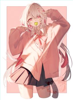 1girl art_study au_ra black_skirt cardigan collared_shirt color_study colored_inner_hair cropped_legs dragon_girl dragon_horns dragon_tail final_fantasy final_fantasy_xiv hair_ornament highres horns lollipop_in_mouth long_hair looking_at_viewer motsuni_(lxxe1120) multicolored_hair pink_hair pleated_skirt red_eyes scales school_uniform shirt skirt solo tail warrior_of_light_(ff14) white_hair white_shirt