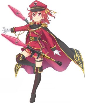 1girl aiguillette black_boots black_cape black_skirt blush boots breasts cape epaulettes floating floating_hair floating_object floating_weapon fringe_trim full_body game_cg gloves hair_between_eyes hair_ribbon hat highres jacket leg_up long_sleeves looking_at_viewer medium_hair military_uniform miniskirt non-web_source official_art one_side_up ongeki ousaka_akane red_cape red_hat red_jacket ribbon rocket_launcher rpg_(weapon) simple_background skirt small_breasts smile smirk solo standing standing_on_one_leg thigh_boots transparent_background v-shaped_eyebrows weapon white_gloves yellow_ribbon