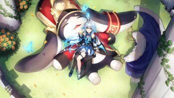 Rule 34 | 1girl, 1other, asymmetrical footwear, asymmetrical legwear, bare shoulders, black thighhighs, blue dress, blue eyes, boots, bright pupils, cerydra (honkai: star rail), commentary, crown, detached sleeves, dress, english commentary, floating hair, highres, honkai: star rail, honkai (series), jewelry, kinatsu k, long hair, long sleeves, looking at viewer, mismatched footwear, mismatched legwear, official art, parted lips, pom-pom (honkai: star rail), ring, shoes, sitting, sitting on person, smile, socks, thigh strap, thighhighs, very long hair, white pupils, white socks, wings